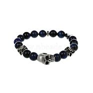 Stainless Steel Skull Link Bracelets, Round Bule Tiger Eye Beaded Stretch Bracelets, for Men(BW5198-3)