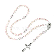 Glass Pearl Rosary Bead Necklace, Alloy Cross & Virgin Mary Pendant Necklace, Pink, 24.41 inch(62cm)(NJEW-TA00082-01)