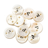 Freshwater Shell Buttons, Flat Round , Letter P, 12x2mm, Hole: 1.6mm(BUTT-Z001-01P)