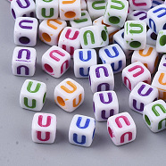 White Opaque Acrylic Beads, Horizontal Hole, Cube with Mixed Color Letter, Letter.U, 5x5x5mm, Hole: 2mm, about 5000pcs/500g(MACR-R869-01U)