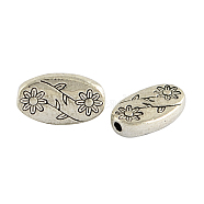 Oval with Flower Tibetan Style Alloy Beads, Cadmium Free & Lead Free, Antique Silver, 10x6x2.5mm, Hole: 1.5mm(TIBEB-1199-AS-LF)