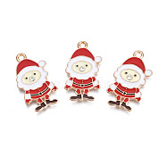 Christmas Style Alloy Enamel Pendants, with Crystal Rhinestone, Cadmium Free & Lead Free, Light Gold, Santa Claus, Red, 26x14x1.5mm, Hole: 1.8mm(ENAM-Q442-50)