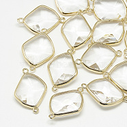 Glass Links connectors, with Golden Tone Brass Findings, Faceted, Rhombus, Clear, 27.5x19x6mm, Hole: 1.5mm(GLAA-Q068-07)