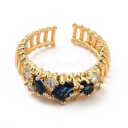 Brass Cubic Zirconia Cuff Ring, Open Ring for Women, Real 18K Gold Plated, Prussian Blue, US Size 7 1/4(17.5mm)(KK-H433-07B-G)