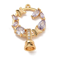 Brass Micro Pave Cubic Zirconia Fold Over Clasps, Ring with Butterfly, Real 18K Gold Plated, Purple, 27mm(KK-U037-30G-01)