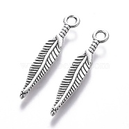 Tibetan Style Alloy Pendants, Cadmium Free & Nickel Free & Lead Free, Feather, Antique Silver, 29x5mm, Hole: 2mm(LF0056Y-NF)