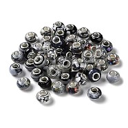 Resin European Beads, with Platinum Plated Brass Core, Rondelle, Black, 13.5x9mm, Hole: 5mm(RESI-G080-01J)