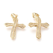 Brass Micro Pave Clear Cubic Zirconia Pendants, Long-Lasting Plated, Cross, Golden, 31x21x5mm, Hole: 5x4mm(ZIRC-L096-34G)