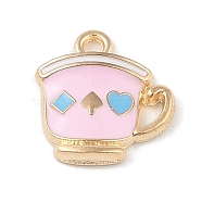 Alloy Enamel Pendants, Light Gold, Teapot Charm, Pink, 15x14x3mm, Hole: 1.6mm(ENAM-Z010-28A-KCG)