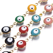 304 Stainless Steel Link Chains, with Enamel, Soldered, Flat Round with Evil Eye, Golden, Mixed Color, 14.5x8x3~4mm(CHS-I004-09G)