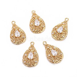 Brass Micro Pave Cubic Zirconia Pendants, Teardrop, Clear, Golden, 21.5x12.5x5mm, Hole: 1.5mm(ZIRC-L070-54G)