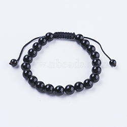 Adjustable Nylon Cord Braided Bead Bracelets, with Black Agate Beads, 2-1/8 inch(55mm)(BJEW-F308-55A)