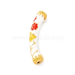 Pack Plating Alloy Enamel Beads, Matte Gold Color, Curved Tube with Flower, White, 9.5x37x7mm, Hole: 3mm(ENAM-M048-33MG-E)