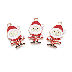 Christmas Style Alloy Enamel Pendants, with Crystal Rhinestone, Cadmium Free & Lead Free, Light Gold, Santa Claus, Red, 26x14x1.5mm, Hole: 1.8mm(ENAM-Q442-50)