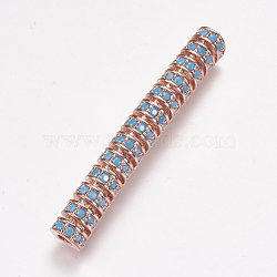 Brass Micro Pave Cubic Zirconia Tube Beads, Rose Gold, Deep Sky Blue, 37x5x4.5mm, Hole: 2x2.5mm(ZIRC-K073-47-01RG)