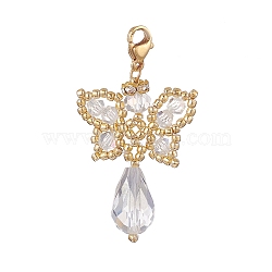 Butterfly Angel Glass Pendant Decoration, with 304 Stainless Steel Lobster Claw Clasps and Nylon Wire, Clear, 45mm(HJEW-MZ00007-01)