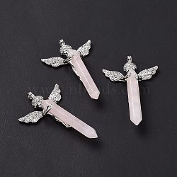 Natural Rose Quartz Faceted Double Terminal Pointed Big Pendants, Angel Charms, with Platinum Tone Brass Findings, 54~56x34~36x11~12mm, Hole: 3mm(G-H281-09P-07)