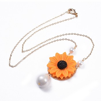 Resin Pendant Necklaces, with Real 18K Gold Plated Brass Cable Chains and Shell & Shell Pearl Beads, Sunflower, Orange, 17.2 inch(43.7cm)