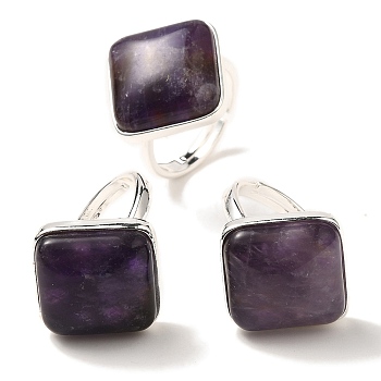 Natural Amethyst Adjustable Rings, with Brass Base Findings, Lead Free & Cadmium Free, Rhombus, Rhombus: 24x25mm, US Size 9 3/4(19.5mm)