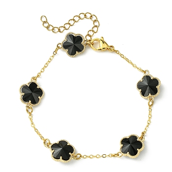 Glass Flower Link Bracelets, Brass Cable Chain Jewelry for Women, Golden, Black, 7-1/4 inch(18.5cm)