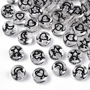 Transparent Acrylic Beads, Flat Round, Moon & Heart Flower & Star, Black, 7x4mm, Hole: 1.5mm, about 3700pcs/500g