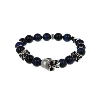 Stainless Steel Skull Link Bracelets, Round Bule Tiger Eye Beaded Stretch Bracelets, for Men