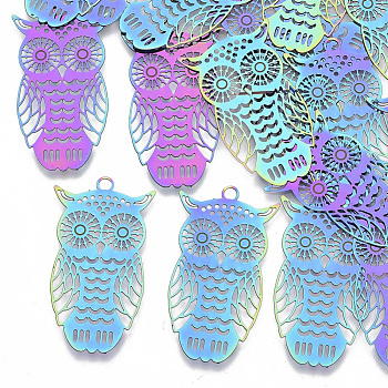 Ion Plating(IP) 201 Stainless Steel Filigree Pendants, Etched Metal Embellishments,  Owl, Rainbow Color, 36x20x0.3mm, Hole: 1.8mm