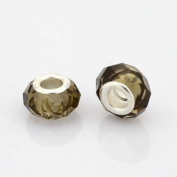 Faceted Glass European Beads, Large Hole Rondelle Beads, with Silver Color Plated Brass Cores, Coffee, 14x9mm, Hole: 5mm
