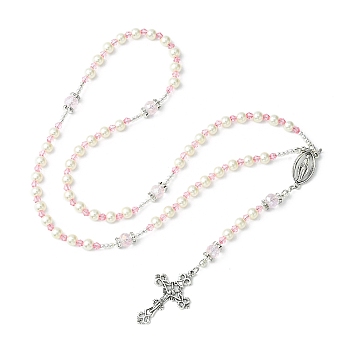 Glass Pearl Rosary Bead Necklace, Alloy Cross & Virgin Mary Pendant Necklace, Pink, 24.41 inch(62cm)