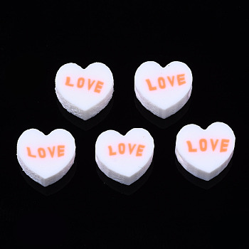 Handmade Polymer Clay Beads, Heart with Word Love, White, 8~8.5x9~9.5x4.5mm, Hole: 1.8mm
