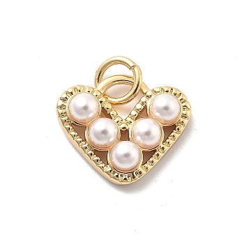 Heart Brass ABS Plastic Imitation Pearl Charms, Long-Lasting Plated, Cadmium Free & Lead Free, with Jump Ring, Real 18K Gold Plated, 12x14x4mm, Hole: 3mm