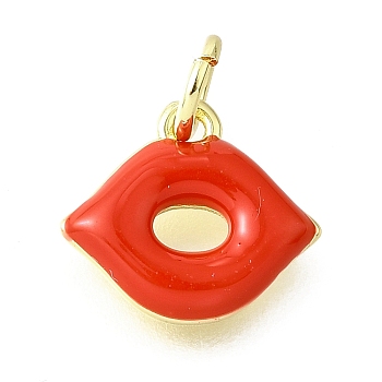 Brass Enamel Charms, Long-Lasting Plated, with Jump Ring, Lead Free & Cadmium Free, Rack Plating, Lip Charm, Real 18K Gold Plated, Orange Red, 10.5x12x2mm, Hole: 3.5mm