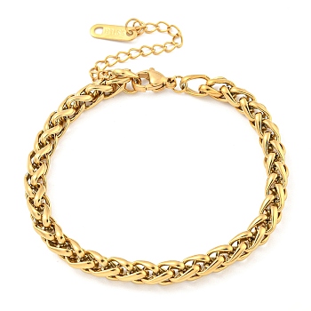 304 Stainless Steel Wheat Chain Bracelets for Women, Real 18K Gold Plated, 6-1/2 inch(16.6cm)