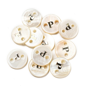 Freshwater Shell Buttons, Flat Round , Letter P, 12x2mm, Hole: 1.6mm