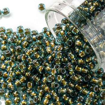 TOHO Round Seed Beads, Japanese Seed Beads, (1014) Gold Lined Aqua Luster, 8/0, 3mm, Hole: 1mm, about 1110pcs/50g