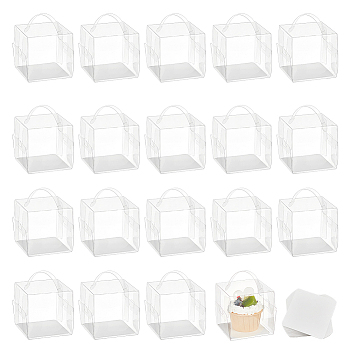 Foldable Square Transparent PET Carrier Cupcake Boxes, Single Cake Containers for 2 Inch Cake, with Paper Mat and Handle, for Wedding, Birthday Party, Baby Showers Favors, Clear, Finish Product: 8.5x8.3x8.5cm