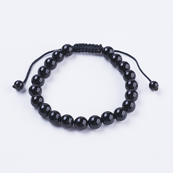 Adjustable Nylon Cord Braided Bead Bracelets, with Black Agate Beads, 2-1/8 inch(55mm)