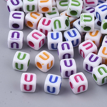 White Opaque Acrylic Beads, Horizontal Hole, Cube with Mixed Color Letter, Letter.U, 5x5x5mm, Hole: 2mm, about 5000pcs/500g