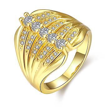 Trendy Brass Cubic Zirconia Wide Band Rings for Women, Size 7, Golden, 17.3mm