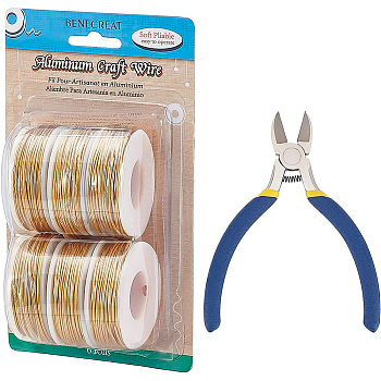 BENECREAT Round Aluminum Wire, with Iron Side Cutting Pliers, Gold, 17 Gauge, 1.2mm, 16m/roll, 6 rolls