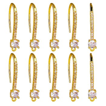 20Pcs Brass Micro Pave Clear Cubic Zirconia Earring Hooks, Ear Wire, with Loops, Real 18K Gold Plated, 23.8x8.5x4mm, Hole: 1mm, Pin: 0.9mm