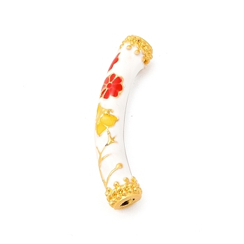Pack Plating Alloy Enamel Beads, Matte Gold Color, Curved Tube with Flower, White, 9.5x37x7mm, Hole: 3mm