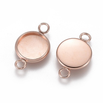 201 Stainless Steel Cabochon Connector Settings, Plain Edge Bezel Cups, Flat Round, Rose Gold, Tray: 10mm, 19x12x2mm, Hole: 2mm