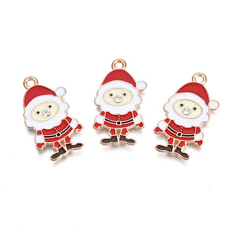 Christmas Style Alloy Enamel Pendants, with Crystal Rhinestone, Cadmium Free & Lead Free, Light Gold, Santa Claus, Red, 26x14x1.5mm, Hole: 1.8mm