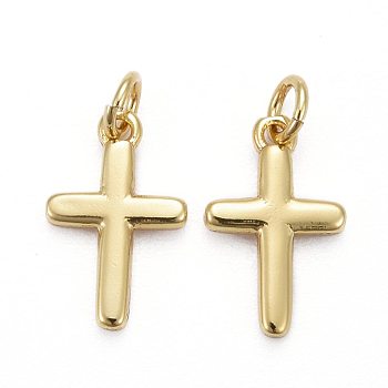 Brass Pendants, Long-Lasting Plated, Cross, Real 18K Gold Plated, 12.5x8x1.5mm, Jump Ring: 5x0.7mm, Inner Diameter: 1/8 inch(3.5mm)