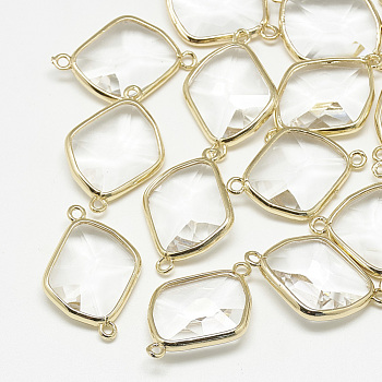 Glass Links connectors, with Golden Tone Brass Findings, Faceted, Rhombus, Clear, 27.5x19x6mm, Hole: 1.5mm