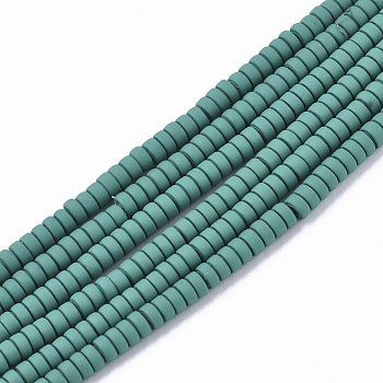 Spray Painted Non-magnetic Synthetic Hematite Beads Strands, Heishi Beads, Flat Round/Disc, Teal, 2x1mm, Hole: 0.8mm, about 330~335pcs/strand, 15.94 inch(40.5cm)