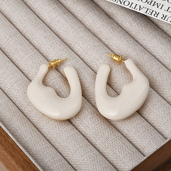 Nuggets Brass Enamel Half Hoop Stud Earrings for Women, Real 18K Gold Plated, 36x28mm