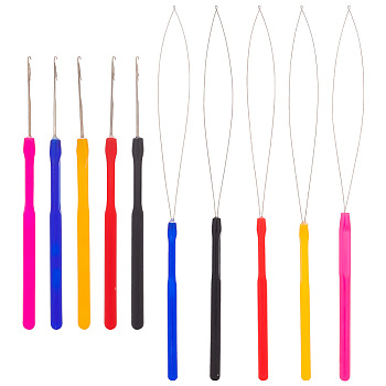 Unicraftale 10Pcs 10 Style Plastic Crochet Hooks & Stainless Steel Hair Extension Loop Needle Threader, for Hair or Feather Extensions, Mixed Color, 133~224x7.5~21x6~7mm, 1pc/style