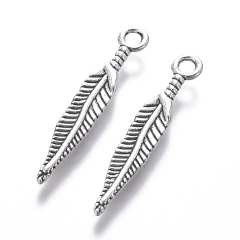 Tibetan Style Alloy Pendants, Cadmium Free & Nickel Free & Lead Free, Feather, Antique Silver, 29x5mm, Hole: 2mm